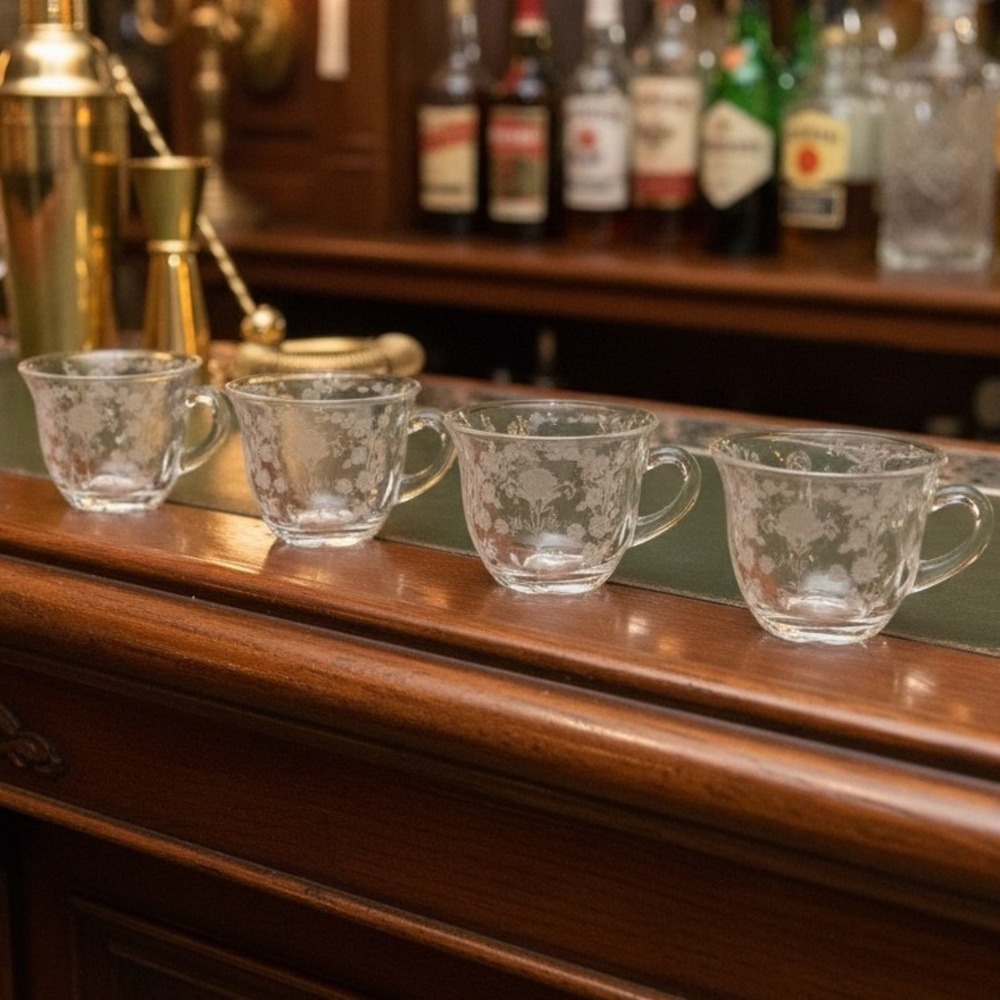Duncan Miller First Love Punch Cups, Set of 4, Vintage Floral Etched Crystal